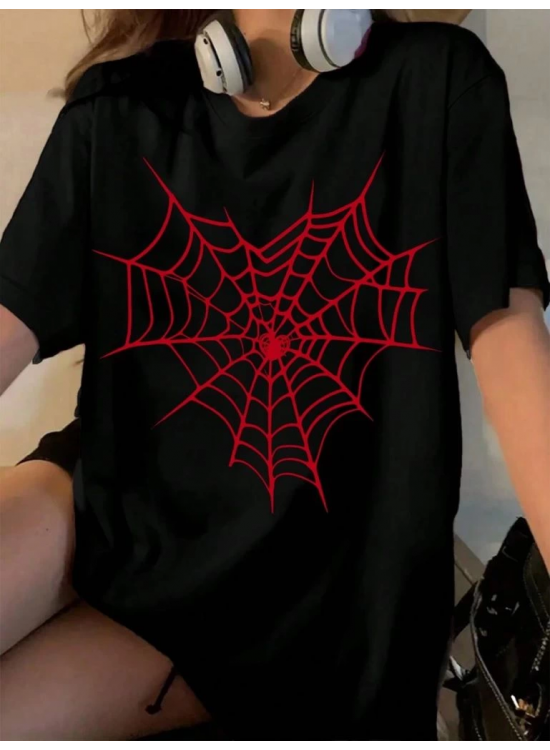 Kadın Örümcek Ağ Baskılı T-Shirt Kısa Kol Bisiklet Yaka Oversize Tişört - Siyah Kadın Örümcek Ağ Baskılı T-Shirt Kısa Kol Bisiklet Yaka Oversize Tişört - Siyah