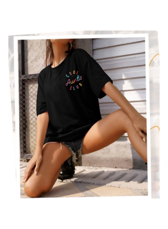 Kadın Baskılı T-Shirt Kısa Kol Bisiklet Yaka Oversize Rahat Kalıp Tişört - Siyah Kadın Baskılı T-Shirt Kısa Kol Bisiklet Yaka Oversize Rahat Kalıp Tişört - Siyah