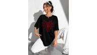 Kadın Örümcek Ağ Baskılı T-Shirt Kısa Kol Bisiklet Yaka Oversize Tişört - Siyah Kadın Örümcek Ağ Baskılı T-Shirt Kısa Kol Bisiklet Yaka Oversize Tişört - Siyah