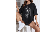 Kadın Kısa Kol Yazlık Tişört Bisiklet Yaka Baskılı Oversize T-Shirt - Siyah Kadın Kısa Kol Yazlık Tişört Bisiklet Yaka Baskılı Oversize T-Shirt - Siyah