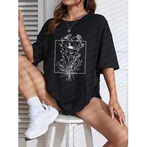 Kadın Kısa Kol Yazlık Tişört Bisiklet Yaka Baskılı Oversize T-Shirt - Siyah