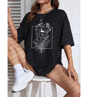 Kadın Kısa Kol Yazlık Tişört Bisiklet Yaka Baskılı Oversize T-Shirt - Siyah