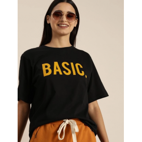 Kadın Kısa Kol Yazlık Tişört Bisiklet Yaka BASIC Baskılı T-Shirt - Siyah