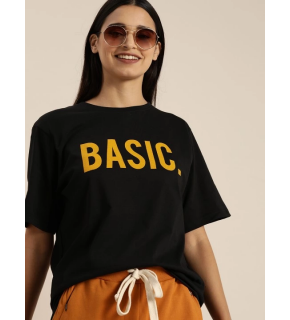 Kadın Kısa Kol Yazlık Tişört Bisiklet Yaka BASIC Baskılı T-Shirt - Siyah