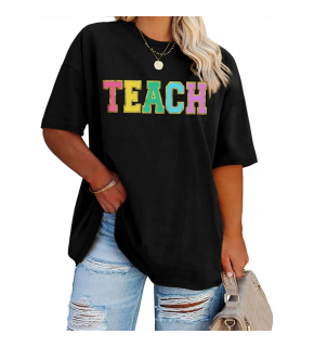 Kadın Baskılı T-Shirt Kısa Kol Bisiklet Yaka Oversize Rahat Kalıp Tişört - Siyah