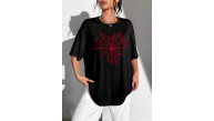 Kadın Örümcek Ağ Baskılı T-Shirt Kısa Kol Bisiklet Yaka Oversize Tişört - Siyah Kadın Örümcek Ağ Baskılı T-Shirt Kısa Kol Bisiklet Yaka Oversize Tişört - Siyah
