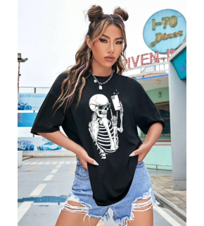 Kadın iskelet Baskılı T-Shirt Kısa Kol Bisiklet Yaka Oversize Tişört - Siyah