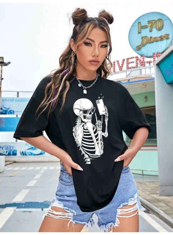 Kadın iskelet Baskılı T-Shirt Kısa Kol Bisiklet Yaka Oversize Tişört - Siyah Kadın iskelet Baskılı T-Shirt Kısa Kol Bisiklet Yaka Oversize Tişört - Siyah