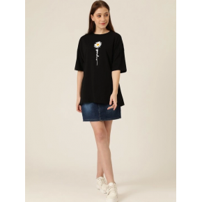 Kadın Papatya Baskılı T-Shirt Kısa Kol Bisiklet Yaka Oversize  Tişört - Siyah