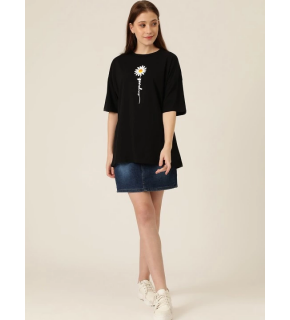 Kadın Papatya Baskılı T-Shirt Kısa Kol Bisiklet Yaka Oversize  Tişört - Siyah