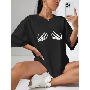 Kadın Baskılı T-Shirt Kısa Kol Bisiklet Yaka Oversize Rahat Kalıp Tişört - Siyah