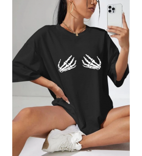 Kadın Baskılı T-Shirt Kısa Kol Bisiklet Yaka Oversize Rahat Kalıp Tişört - Siyah