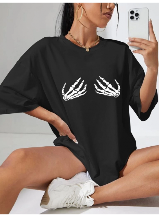 Kadın Baskılı T-Shirt Kısa Kol Bisiklet Yaka Oversize Rahat Kalıp Tişört - Siyah Kadın Baskılı T-Shirt Kısa Kol Bisiklet Yaka Oversize Rahat Kalıp Tişört - Siyah