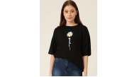 Kadın Papatya Baskılı T-Shirt Kısa Kol Bisiklet Yaka Oversize Tişört - Siyah Kadın Papatya Baskılı T-Shirt Kısa Kol Bisiklet Yaka Oversize Tişört - Siyah
