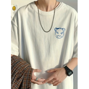 Erkek Tişört Bisiklet Yaka Kore sevimli ayı baskı Kısa Kol T-Shirt  - Beyaz