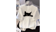 Kadınlar için Siyah Kedi Grafik Tişört - Oversize Kısa Kollu Üst Nefes Alabilir - Beyaz Kadınlar için Siyah Kedi Grafik Tişört - Oversize Kısa Kollu Üst Nefes Alabilir - Beyaz