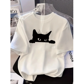 Kadınlar için Siyah Kedi Grafik Tişört - Oversize Kısa Kollu Üst Nefes Alabilir - Beyaz