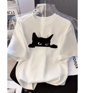 Kadınlar için Siyah Kedi Grafik Tişört - Oversize Kısa Kollu Üst Nefes Alabilir - Beyaz
