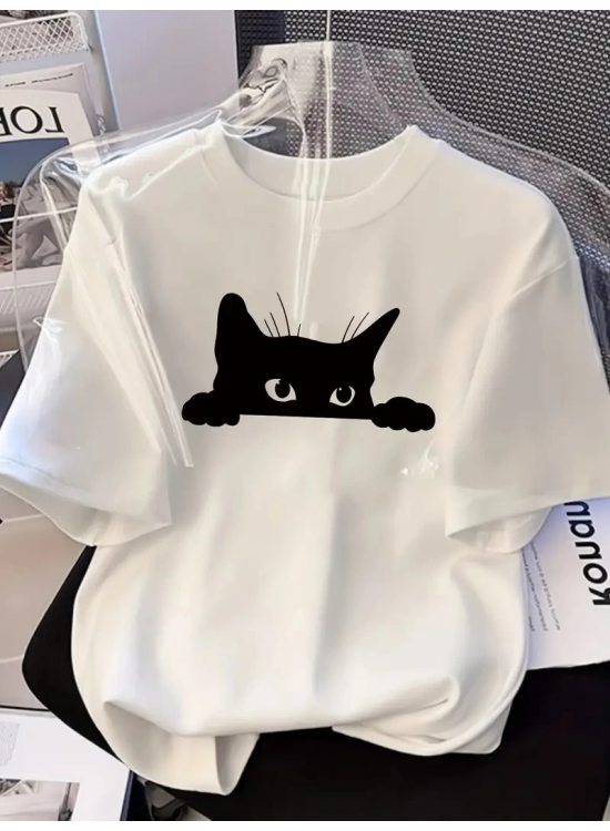 Kadınlar için Siyah Kedi Grafik Tişört - Oversize Kısa Kollu Üst Nefes Alabilir - Beyaz Kadınlar için Siyah Kedi Grafik Tişört - Oversize Kısa Kollu Üst Nefes Alabilir - Beyaz