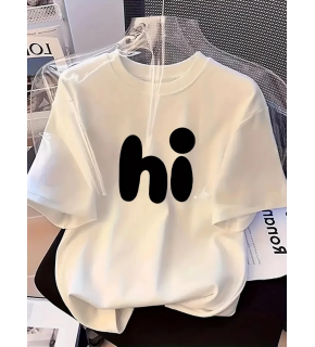 Kadın Kısa Kol Yazlık Tişört Bisiklet Yaka hi Baskılı T-Shirt - Beyaz