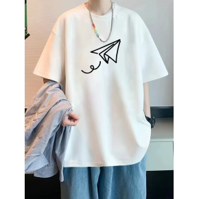 Erkek Kısa Kol Yazlık Tişört Bisiklet Yaka Baskılı Oversize T-Shirt - Beyaz