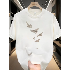 ERKEK Bisiklet yaka Tişört Özgür kuşlar Baskılı kısa kol T-shirt - Beyaz