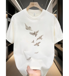 ERKEK Bisiklet yaka Tişört Özgür kuşlar Baskılı kısa kol T-shirt - Beyaz
