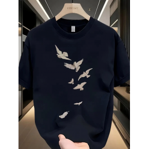 Erkek Özgür Kuşlar Baskılı Tişört Yazlık Bisiklet Yaka Kısa Kol T-Shirt - Beyaz