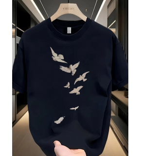 Erkek Özgür Kuşlar Baskılı Tişört Yazlık Bisiklet Yaka Kısa Kol T-Shirt - Beyaz