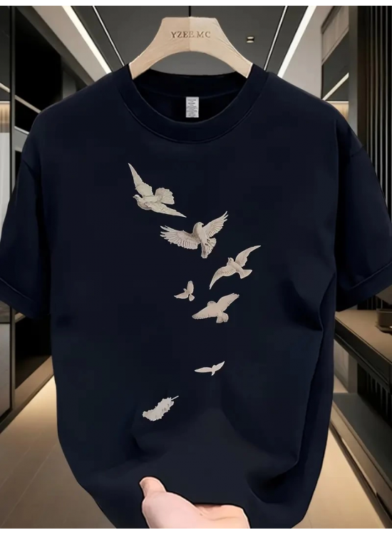 Erkek Özgür Kuşlar Baskılı Tişört Yazlık Bisiklet Yaka Kısa Kol T-Shirt - Beyaz