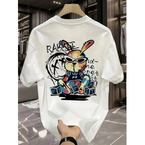 Erkek T-shirt Tavşan Baskılı Kısa Kollu Tişört - Beyaz