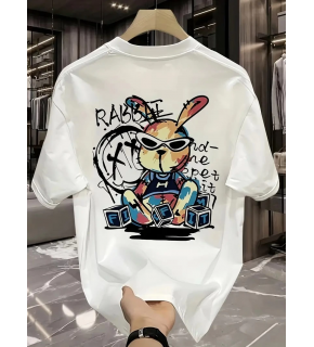 Erkek T-shirt Tavşan Baskılı Kısa Kollu Tişört - Beyaz