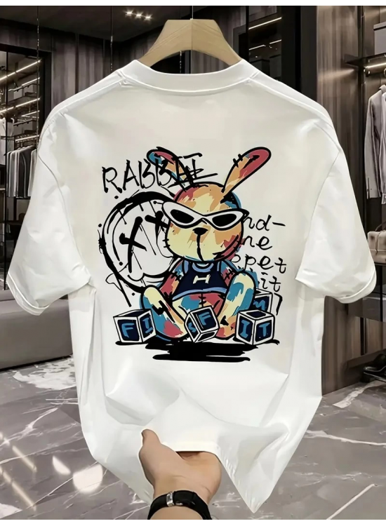 Erkek T-shirt Tavşan Baskılı Kısa Kollu Tişört - Beyaz Erkek T-shirt Tavşan Baskılı Kısa Kollu Tişört - Beyaz