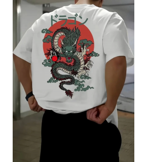 Erkek Tişört Penye Compack Ejder Baskılı Bisiklet Yaka T-shirt - Beyaz