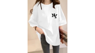 Kadın T-shirt Eğlenceli Harf NY Baskılı Bisiklet Yaka Tişört - Beyaz Kadın T-shirt Eğlenceli Harf NY Baskılı Bisiklet Yaka Tişört - Beyaz