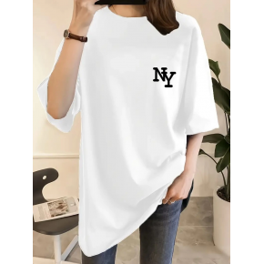 Kadın T-shirt Eğlenceli Harf NY Baskılı Bisiklet Yaka Tişört - Beyaz