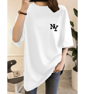 Kadın T-shirt Eğlenceli Harf NY Baskılı Bisiklet Yaka Tişört - Beyaz