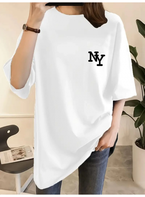 Kadın T-shirt Eğlenceli Harf NY Baskılı Bisiklet Yaka Tişört - Beyaz Kadın T-shirt Eğlenceli Harf NY Baskılı Bisiklet Yaka Tişört - Beyaz