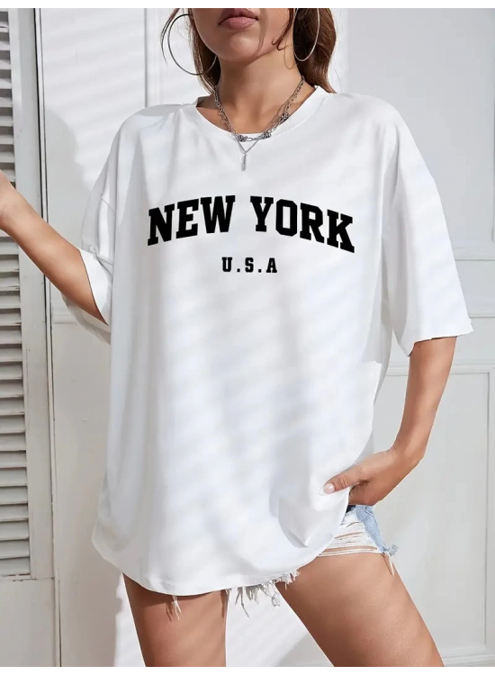Kadın New York Baskılı Tişort Kısa Kol Bisiklet Yaka T-shirt - Beyaz Kadın New York Baskılı Tişort Kısa Kol Bisiklet Yaka T-shirt - Beyaz