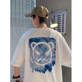 Erkek Tişört Bisiklet Yaka Kore sevimli ayı baskı Kısa Kol T-Shirt  - Beyaz