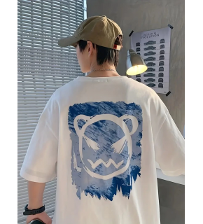 Erkek Tişört Bisiklet Yaka Kore sevimli ayı baskı Kısa Kol T-Shirt  - Beyaz