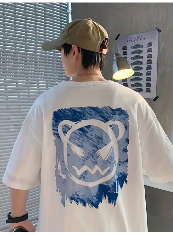 Erkek Tişört Bisiklet Yaka Kore sevimli ayı baskı Kısa Kol T-Shirt - Beyaz Erkek Tişört Bisiklet Yaka Kore sevimli ayı baskı Kısa Kol T-Shirt - Beyaz