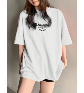 Kadın Baskılı Tişört Bisiklet yaka yazlık Kısa Kol oversize t-shirt - Beyaz