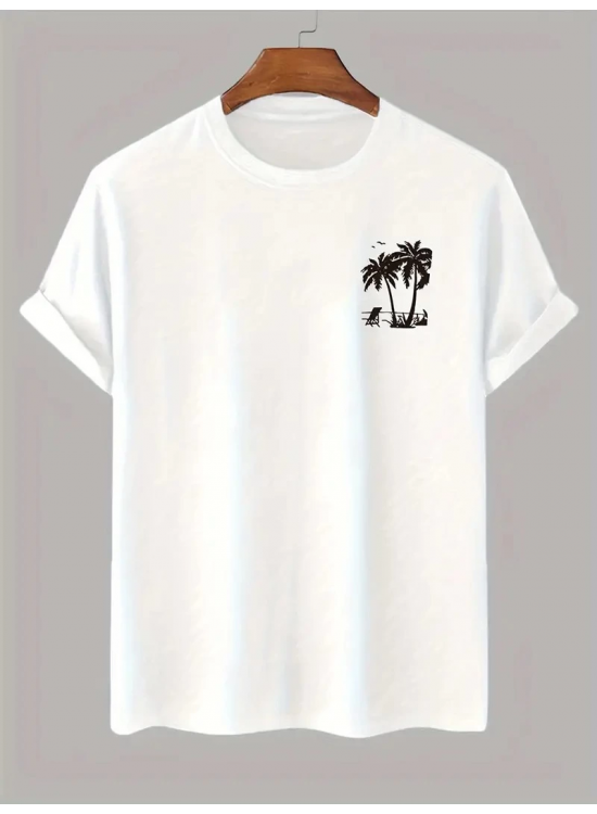 Erkek Tişört Palmiye Baskılı Bisiklet Yaka Kısa Kol T-Shirt - Beyaz