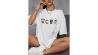 Kadın Kahve Desen Baskılı Tişört Kısa Kol Bisiklet Yaka Oversize T-Shirt - Beyaz Kadın Kahve Desen Baskılı Tişört Kısa Kol Bisiklet Yaka Oversize T-Shirt - Beyaz