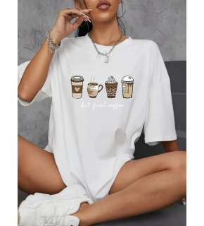 Kadın Kahve Desen Baskılı Tişört Kısa Kol Bisiklet Yaka Oversize T-Shirt - Beyaz