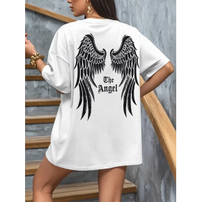 Kadın Kısa Kol Tişört Bisiklet Yaka Angel Melek Kanadı Baskılı T-Shirt - Beyaz