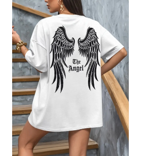 Kadın Kısa Kol Tişört Bisiklet Yaka Angel Melek Kanadı Baskılı T-Shirt - Beyaz