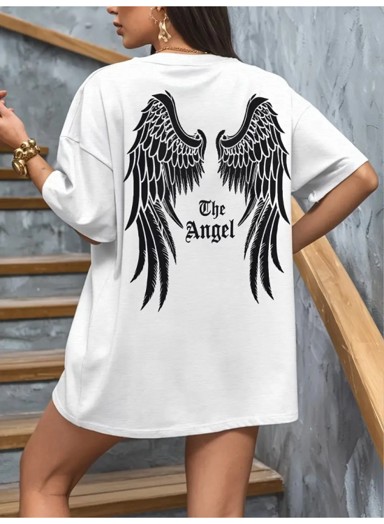 Kadın Kısa Kol Tişört Bisiklet Yaka Angel Melek Kanadı Baskılı T-Shirt - Beyaz Kadın Kısa Kol Tişört Bisiklet Yaka Angel Melek Kanadı Baskılı T-Shirt - Beyaz