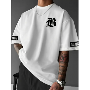 Erkek LB Baskılı Tişört Bisiklet Yaka Kısa Kol T-shirt - Beyaz